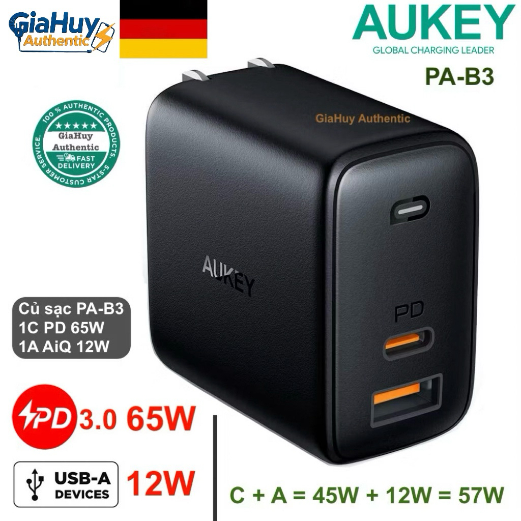Củ sạc nhanh AUKEY PA-B3 Omnia GaN 65W 1C-1A (1C PD 65W & 1A AiQ 12W)
