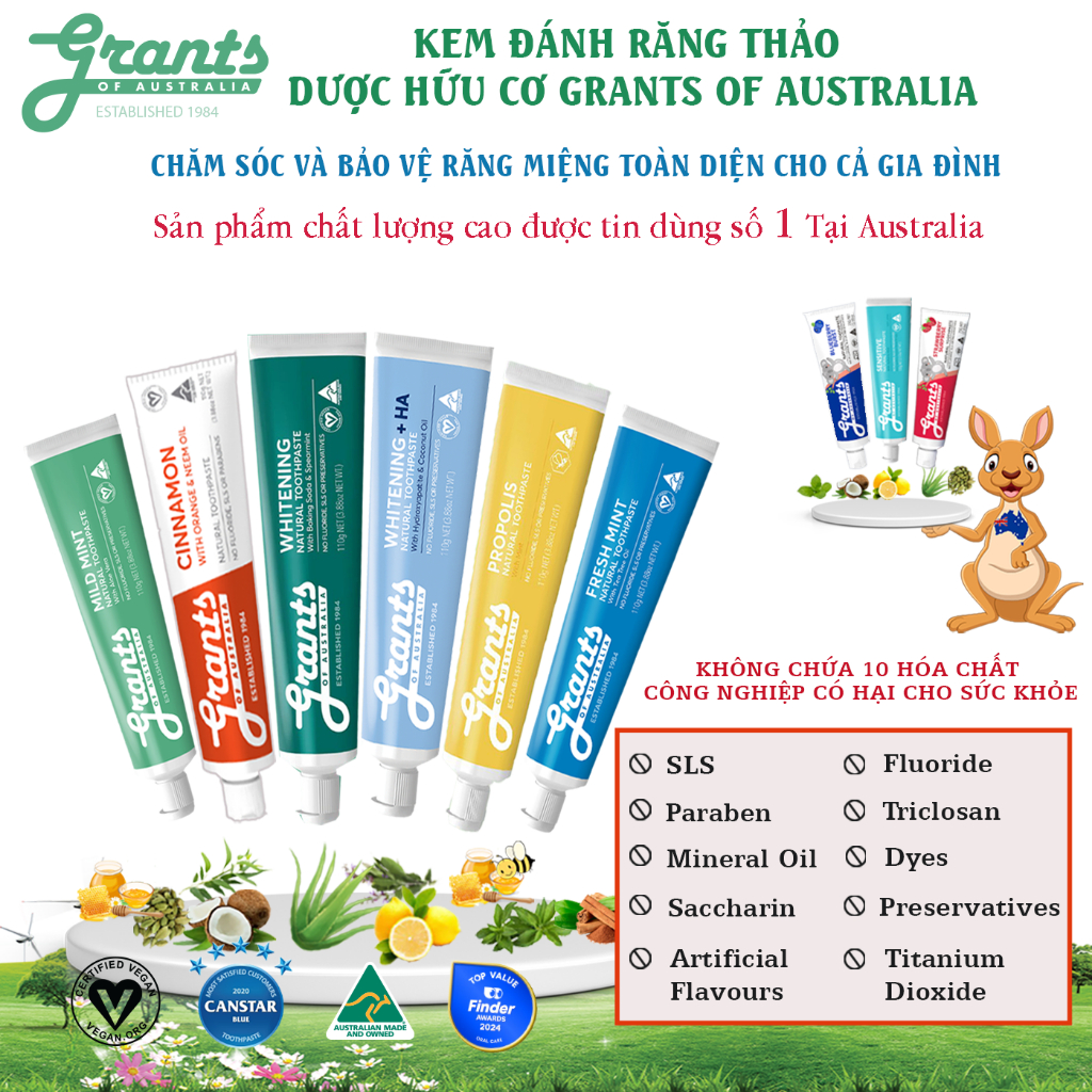 Kem đánh răng thảo dược  hữu cơ Grants -110g, Ngừa viêm nướu,ê buốt chảy máu chân răng -KOL