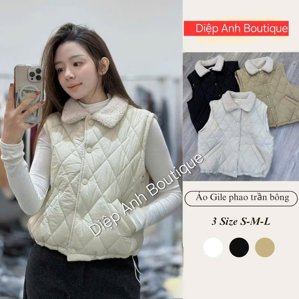 Áo Gile phao nữ cổ lông trần bông cao cấp, áo khoác gile phao 2025