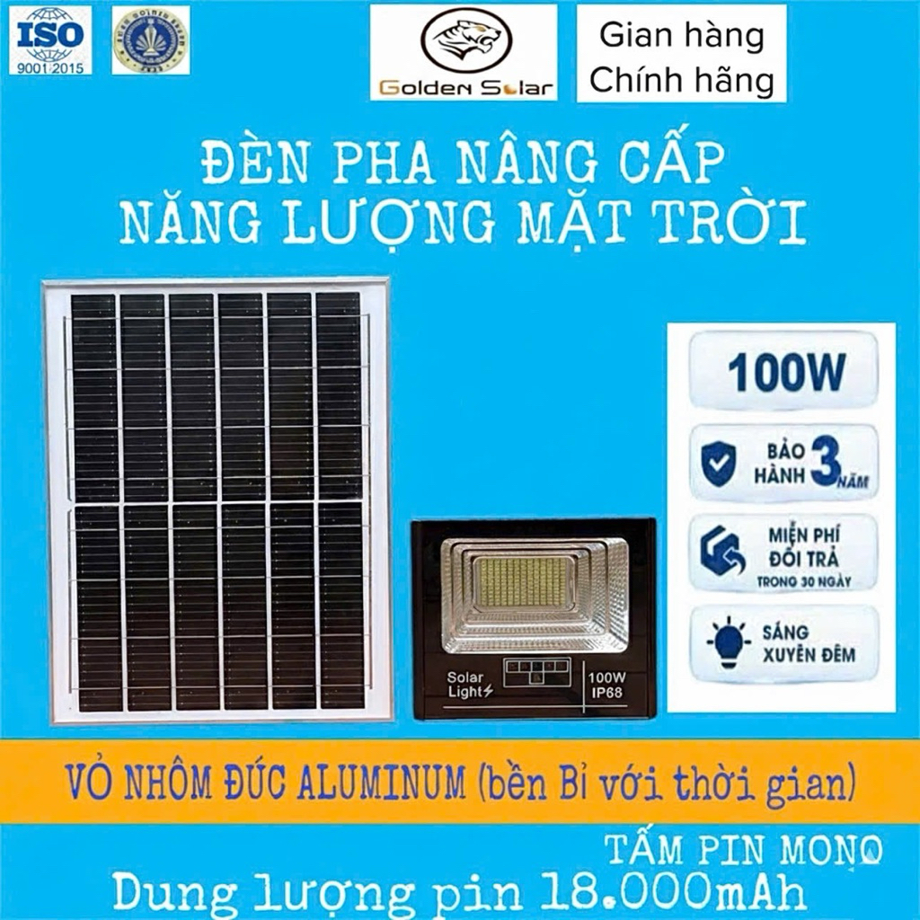 Đèn Led Năng Lượng Mặt Trời 100w Chính Hãng Golden Solar vỏ nhôm chống nước ip68