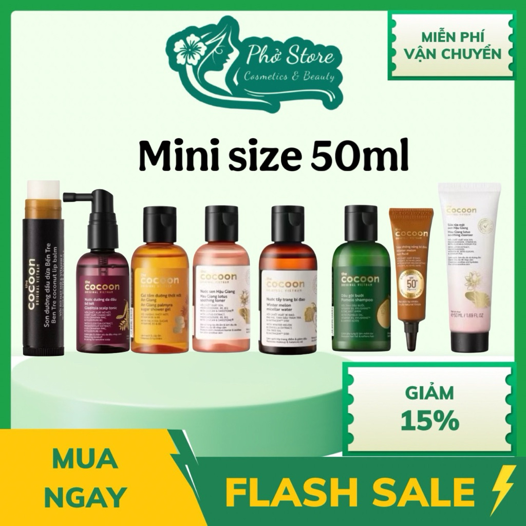 [ BỘ SẢN PHẨM MINI 50ML ] Dầu gội, Tẩy Trang, Gel Rửa Mặt, Nước Sen, Sữa rửa mặt sen, Nước dưỡng bồ kết Cocoon 50ml