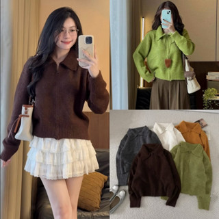  Áo khoác len lông xù dài tay khoá zip cổ polo” TAG CỪ.U” dáng lỡ 