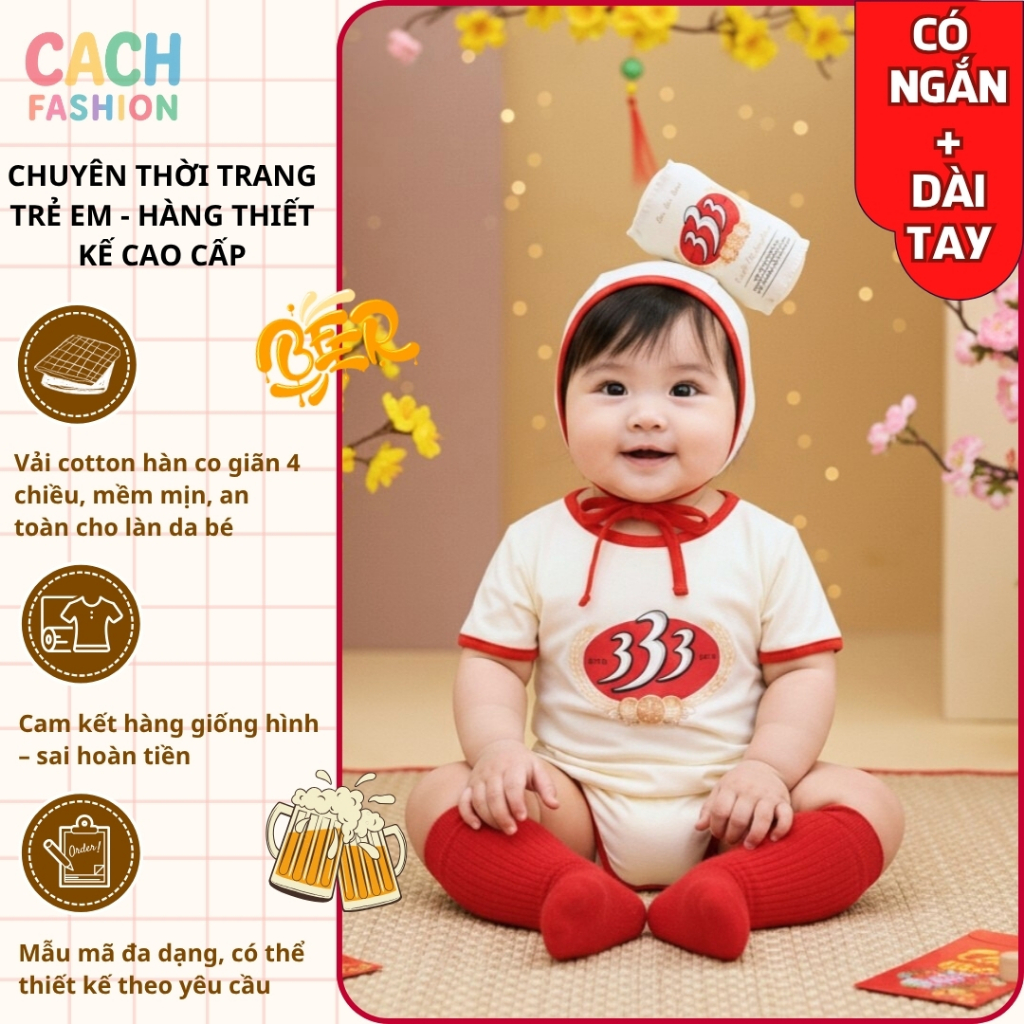 Set bodysuit kèm mũ hình lon BIA 333 style Hàn bodychip cho bé 0-18 tháng đồ tết thôi nôi đầy tháng