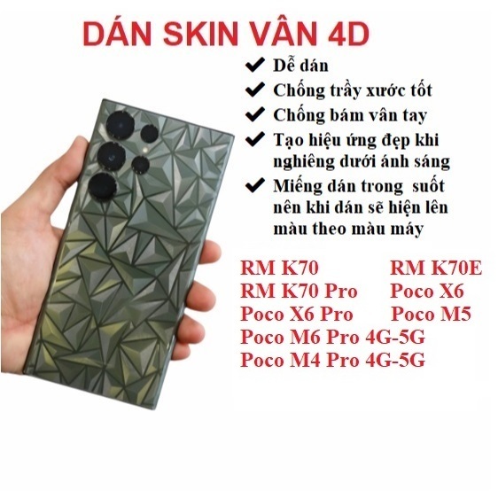 Miếng dán skin vân 4D mặt lưng trong suốt Dành Cho Redmi K70 K70E K70 Pro Poco X6 X6 Pro Poco M6 Pro