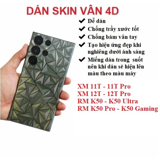 Miếng dán skin vân 4D mặt lưng trong suốt XM 11T 11T Pro XM 12T 12T Pro Redmi K50 K50 Pro K50 Ultra 