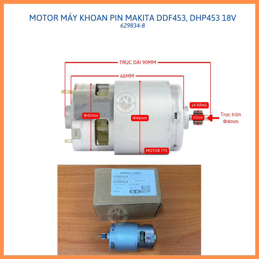 Bộ motor máy khoan pin MAKITA DC 18V DDF453, DHP453 14 RĂNG 775 (629834-8)
