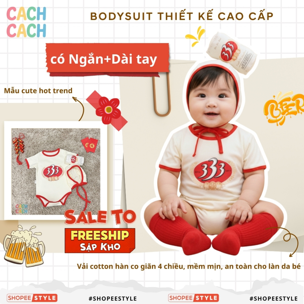 Set bodysuit + mũ BIA 333 style Hàn bodychip cho bé 0-24 tháng đồ tết thôi nôi đầy tháng CACH