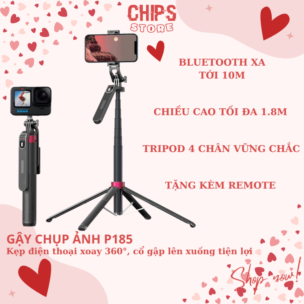 Gậy Chụp Ảnh 4 Chân P185 Xoay 360 Độ, Kiêm Tripod Livestream, Quay Video Từ Xa Qua Bluetooth, Siêu C