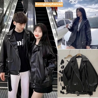  HV - Áo khoác da cổ bẻ dáng rộng unisex kèm đai 