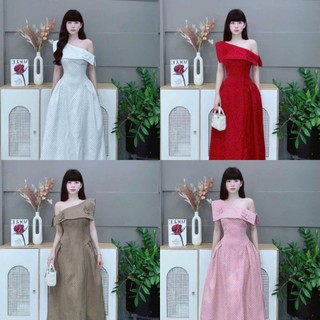Đầm lệch vai mặc đi dự tiệc đi sự kiện thời trang nữ chất liệu vải cotton chấm bi nhí 4 màu y hình,