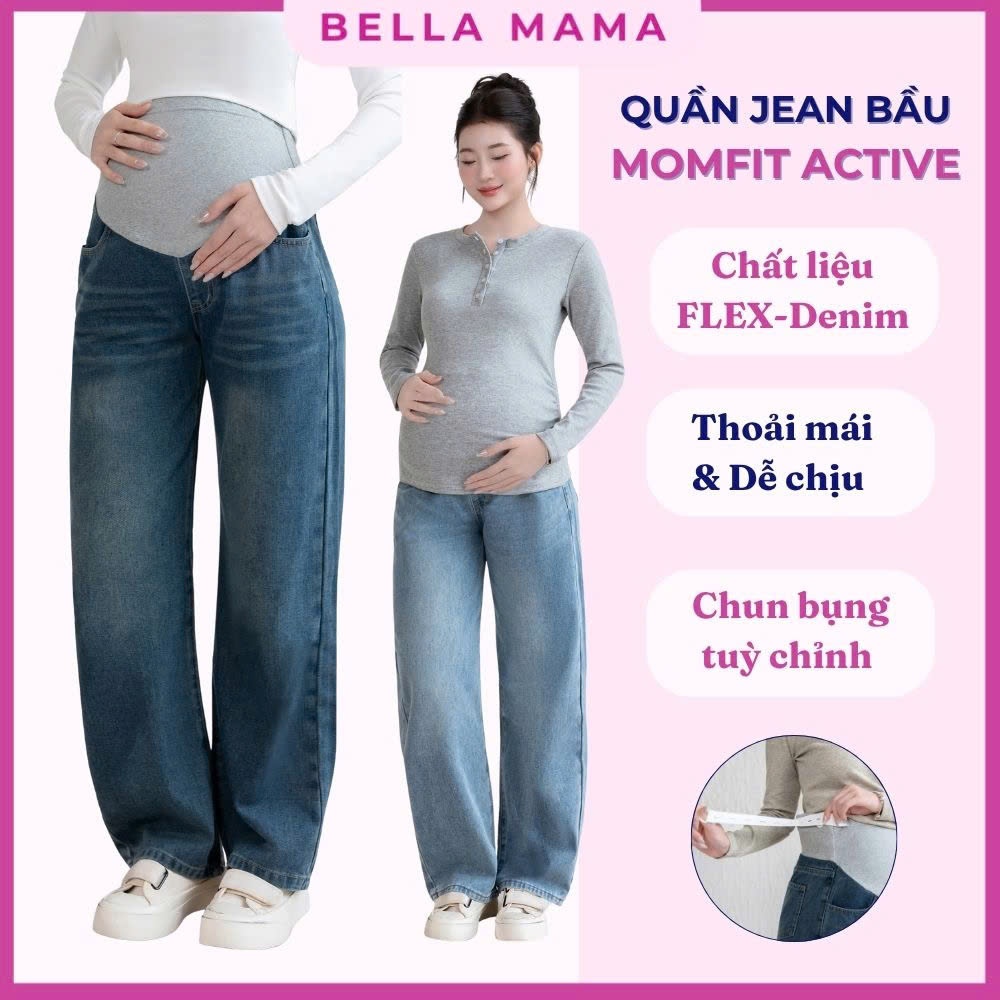 Quần Jean Bầu Bella Mama Quần Bầu Chất Liệu Jean Có Đáp Bụng Và Chun Chỉnh Bụng Thoải Mái - QB2
