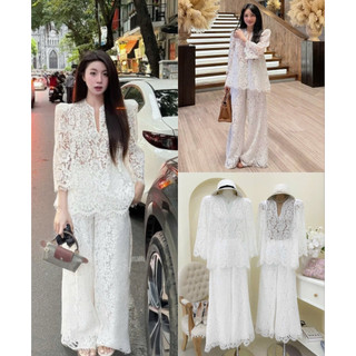  Set Bộ Áo Ren Hoa Babydoll Trắng Tay Dài Mix Quần Dài Ống Loe Rộng Tiểu Thư Thanh Lịch 