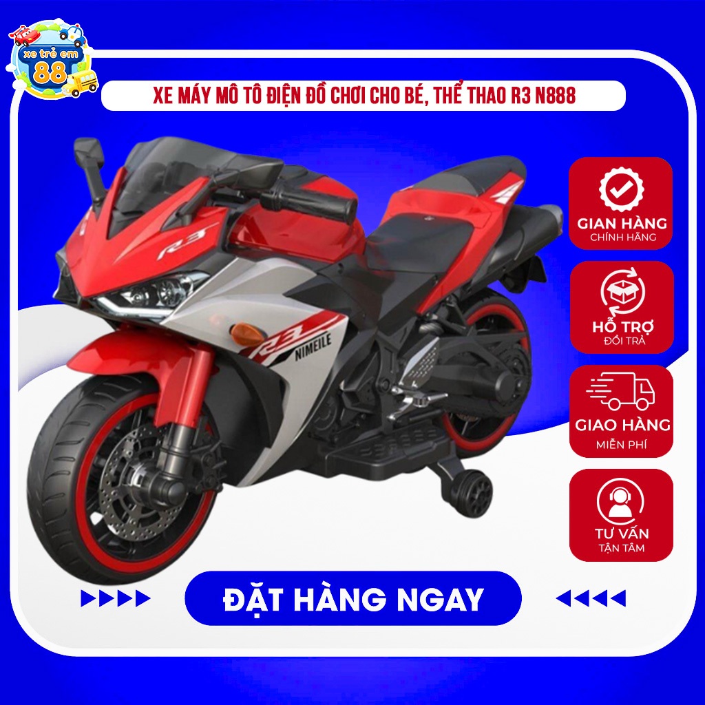 Xe Máy Mô Tô Điện R3 N888 Thể Thao Cho Bé Tải Trọng 40KG  Đầy đủ chức năng: Còi, đèn, nhạc, số tiến/
