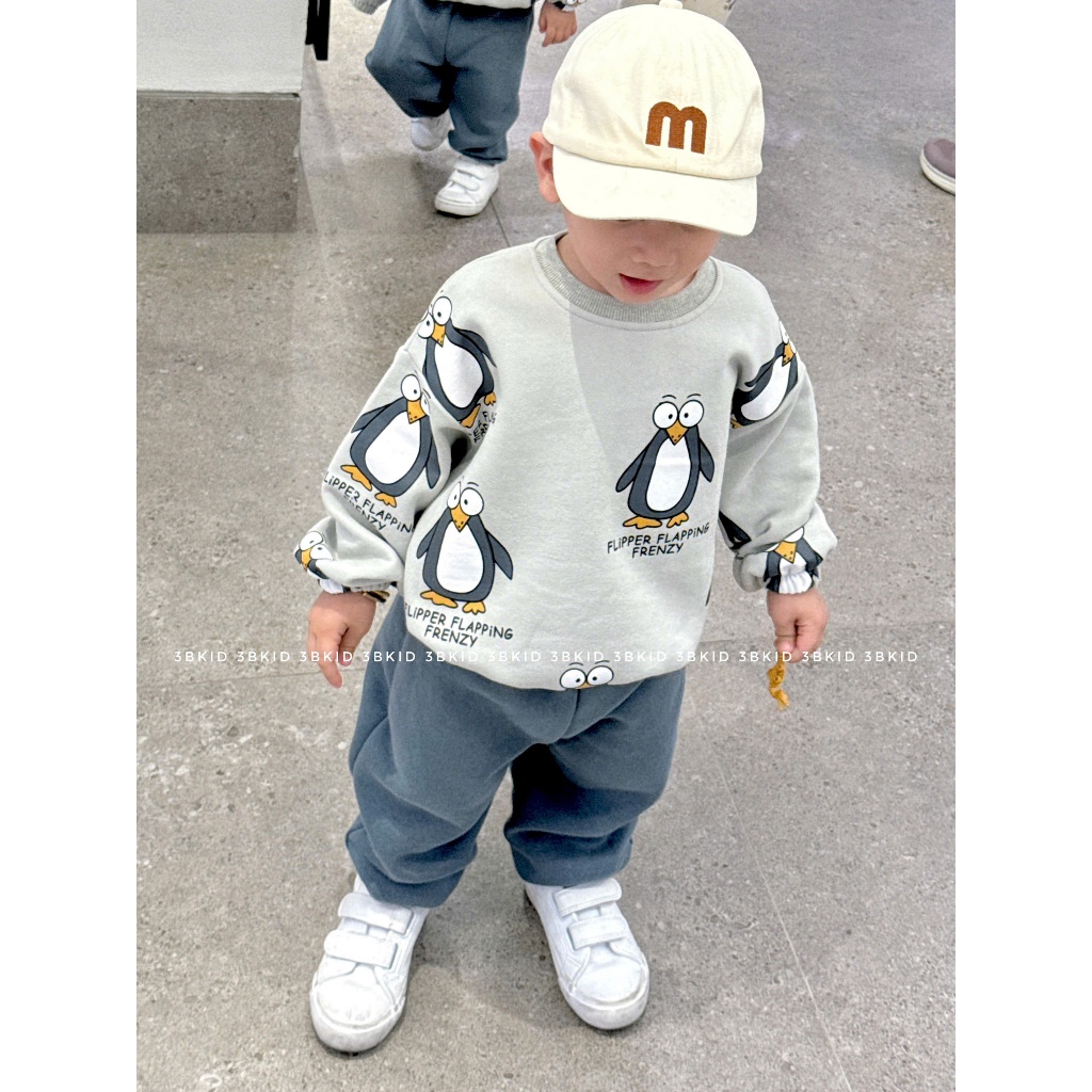 Bộ nỉ dài tay in hình chim cánh cụt chất liệu cao cấp mẫu thiết kế riêng nhà 3Bkid