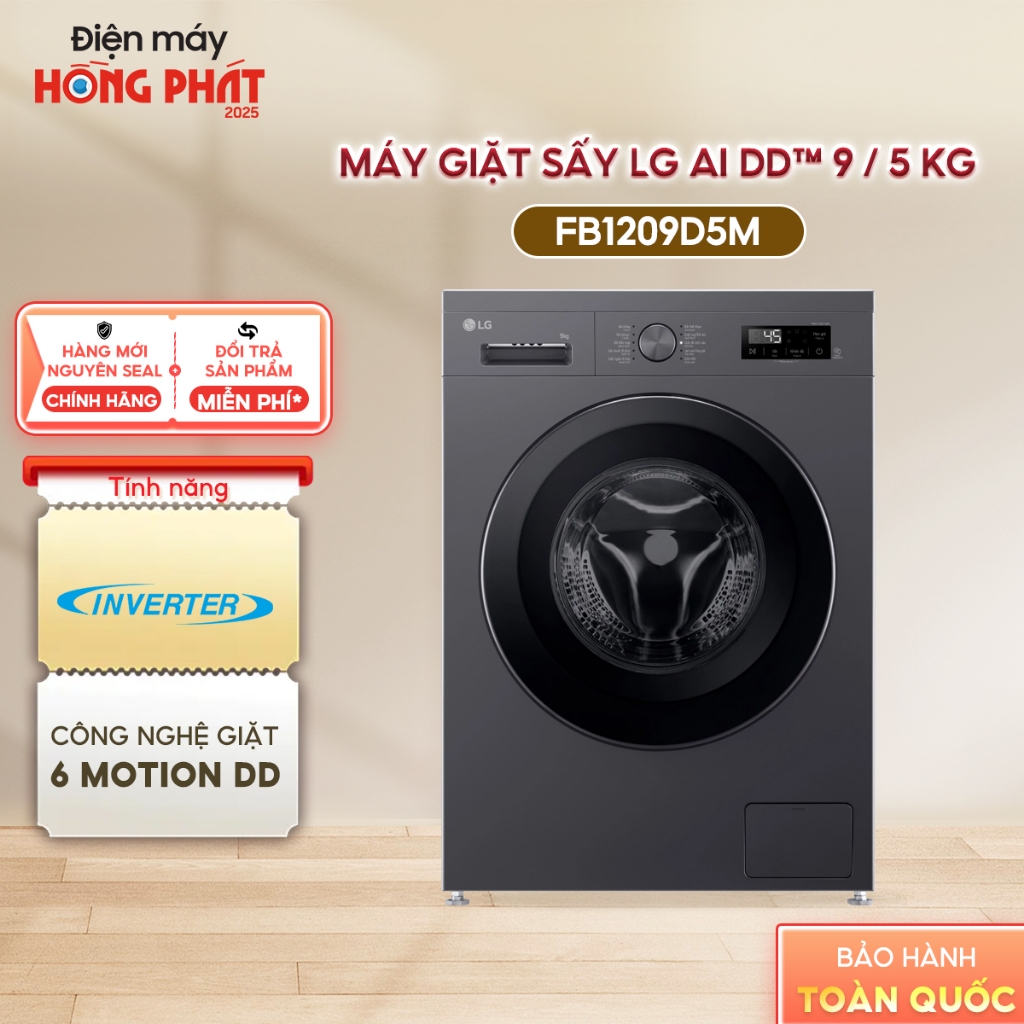[GIAO TOÀN QUỐC] Máy giặt sấy lồng ngang LG AI DD™ Inverter 9kg màu đen FB1209D5M