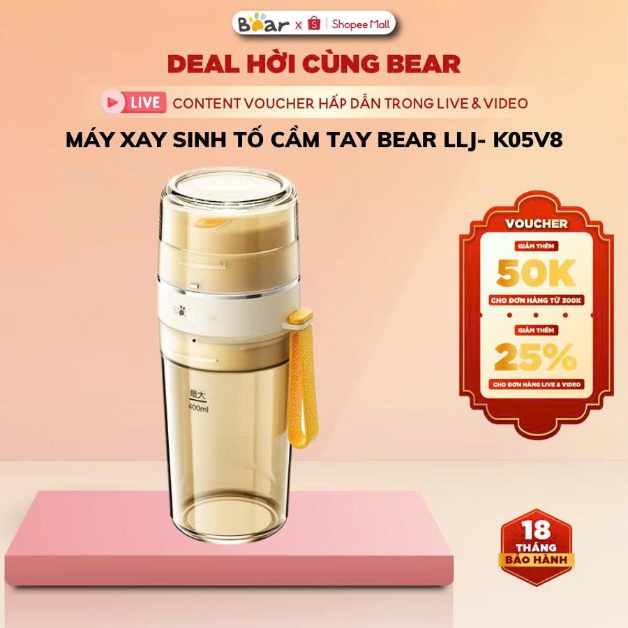 Máy xay sinh tố cầm tay Bear LLJ-K05V8, 70W, Sạc Pin, Dung Tích 400ML, Hàng Chính Hãng, BH 18 tháng