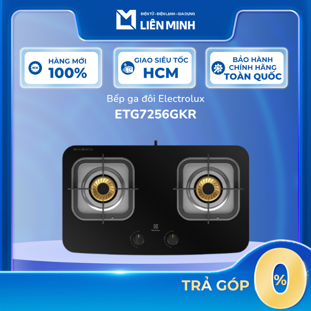 Bếp ga đôi Electrolux ETG7256GKR - Kính cường lực, màu đen, 2 đầu đốt công suất cao