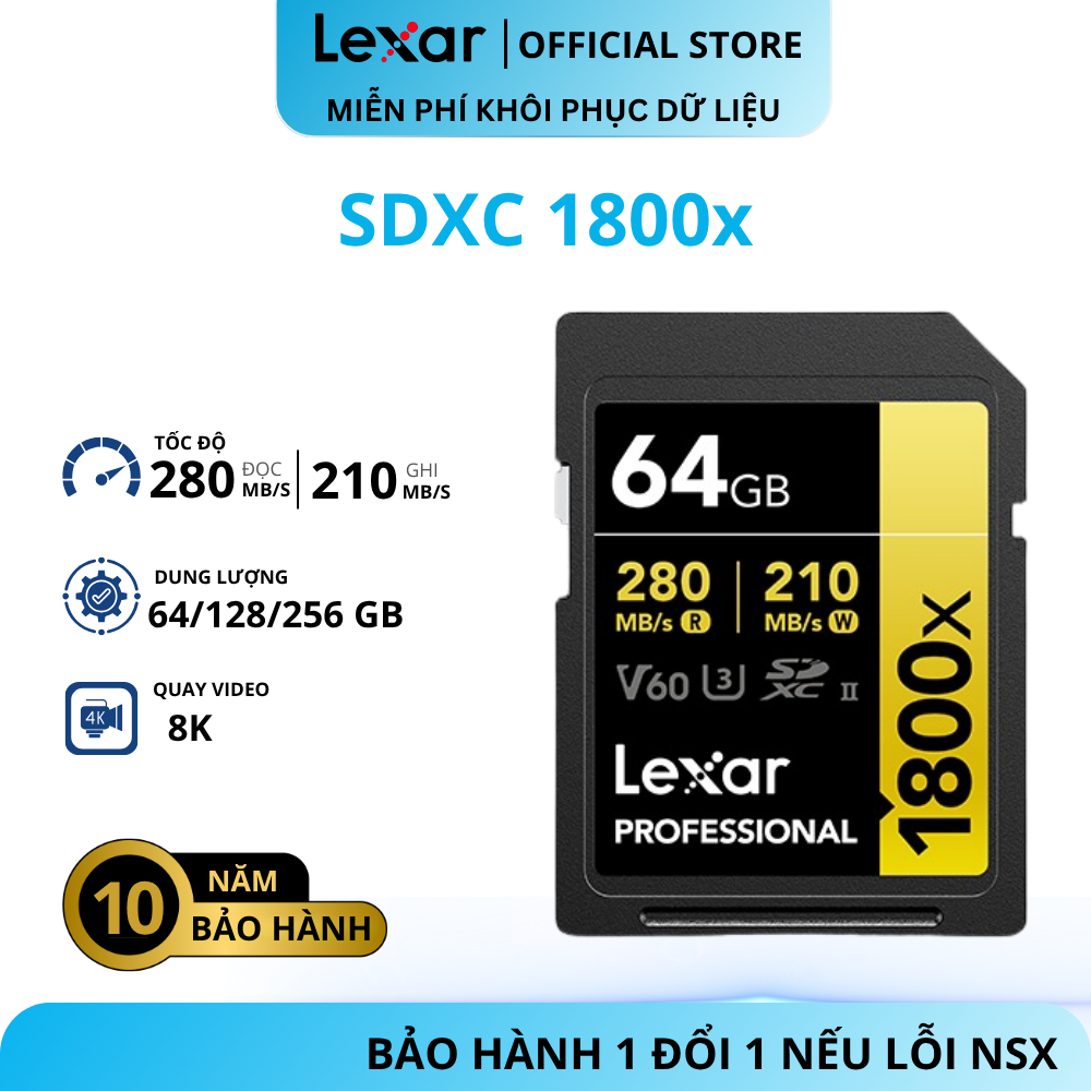 Thẻ nhớ Lexar SDXC Professional UHS-II 1800x 64GB 128GB 256GB, tốc độ 280MB/s cho máy ảnh, máy quay