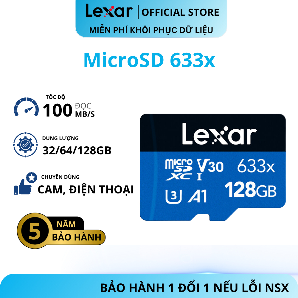 Thẻ nhớ chuyên dụng cho Camera MicroSD Lexar 633x 32GB/64GB/128GB 100MB/s - kèm Adapter chuyển SD