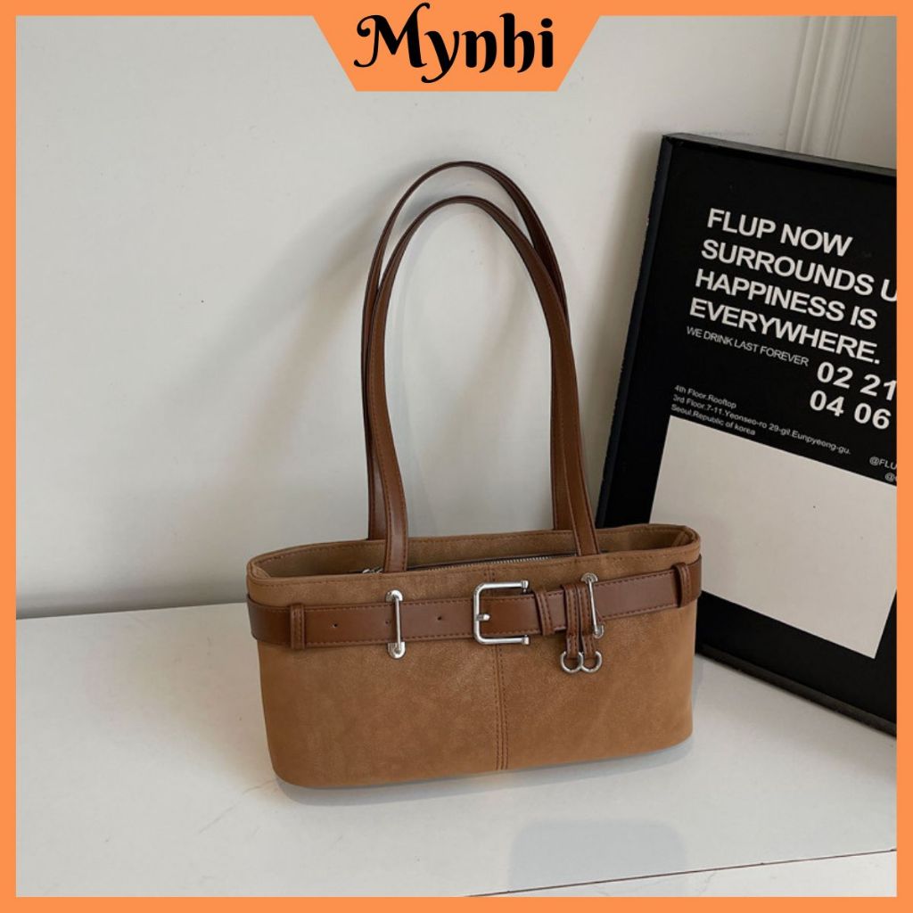 Túi xách da lộn nâu nữ cao cấp Mynhi – Thiết kế belt sang trọng, phong cách Hàn Quốc SMN169