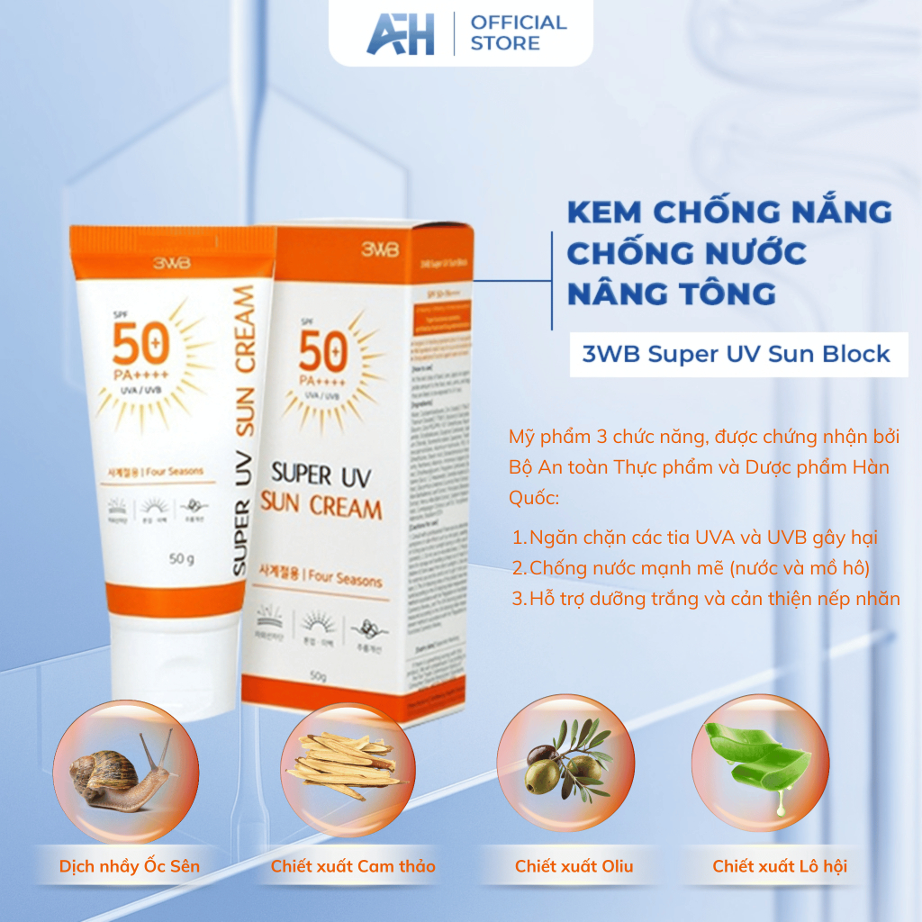 Kem Chống Nắng Chống Nước  Nâng Tông SPF50+/PA++++  Hiệu Quả Cực Mạnh Bảo Vệ Da Lên Đến 8 Tiếng 3WB 