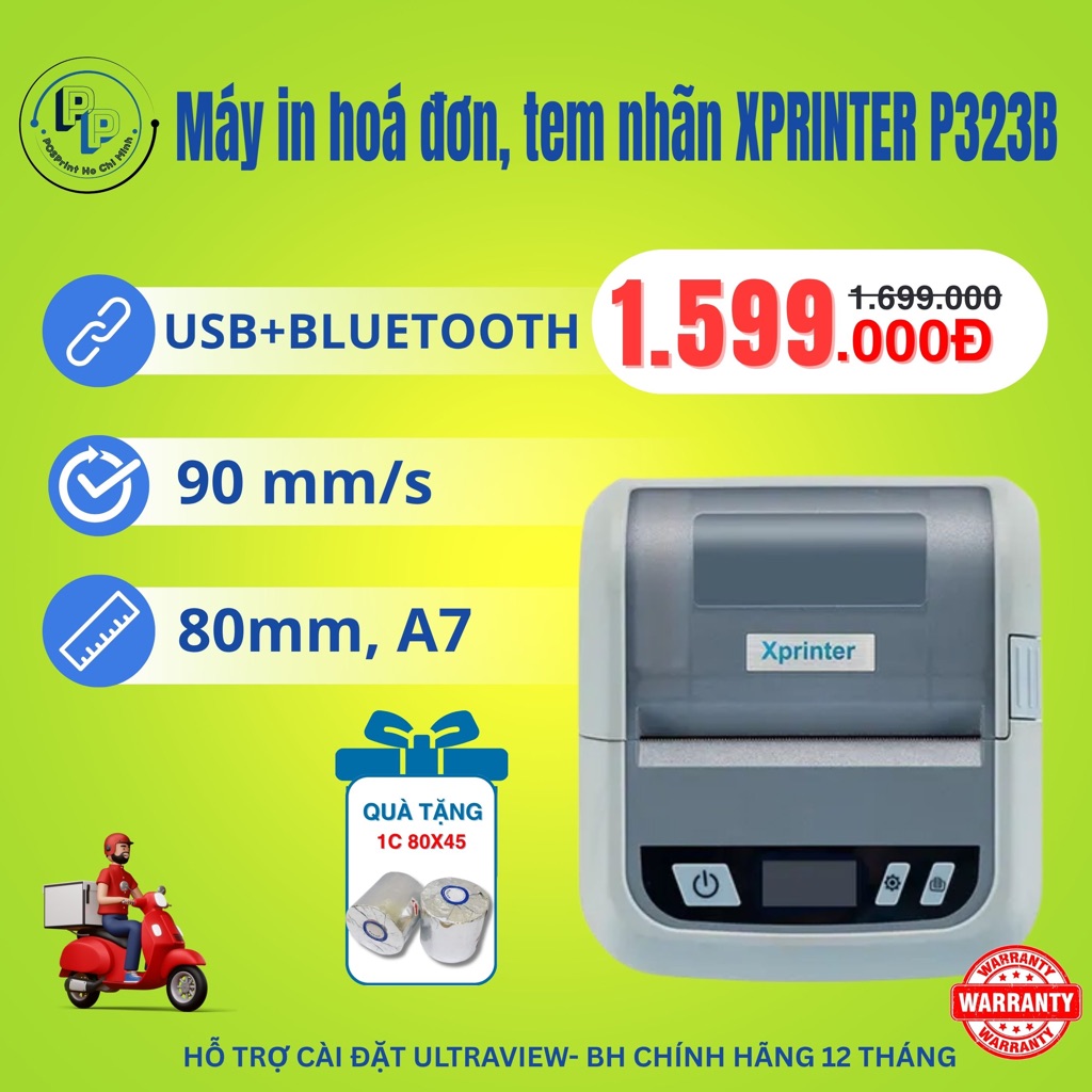 [IN BLUETOOTH] Máy in hoá đơn tính tiền, in tem nhãn XPRINTER P323B khổ 80mm, khổ 2 tem, decal A7, k