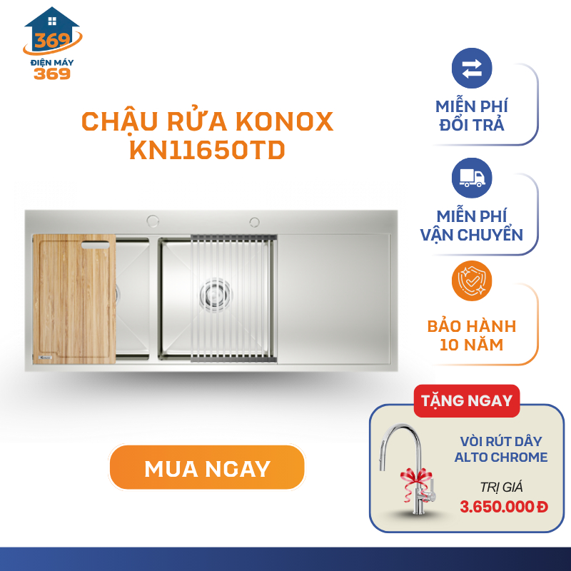 Chậu rửa bát Konox KN11650TD Chất liệu SS304 - 2 hố có bàn chờ - Bề mặt Xước Mờ - SMC