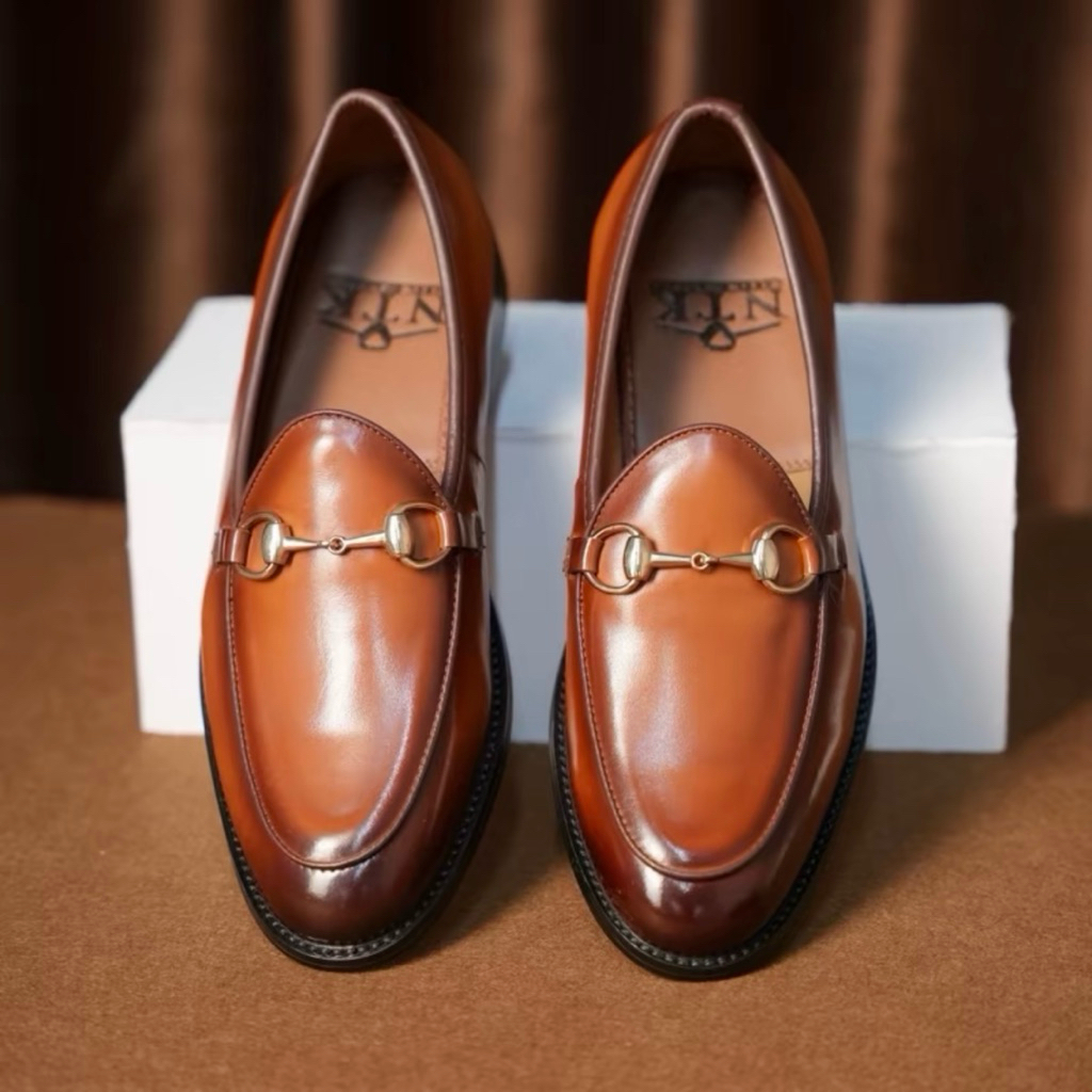 Giày da nam Horsebit Loafer màu nâu bò Đế gỗ phíp cao cấp