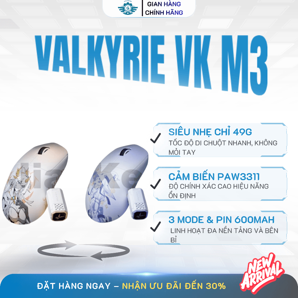 [🎁Cực Hot] Chuột Gaming Không Dây Valkyrie VK M3, 3 Mode, PAW3311, 26000 DPI, Siêu Nhẹ 42g, Pin 60H