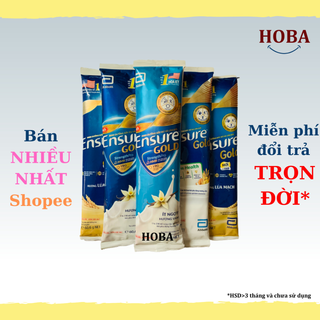 10 gói Sữa gói Ensure gold hương Vani, ít ngọt, cà phê, hạnh nhân (ăn chay), lúa mạch 60.6g