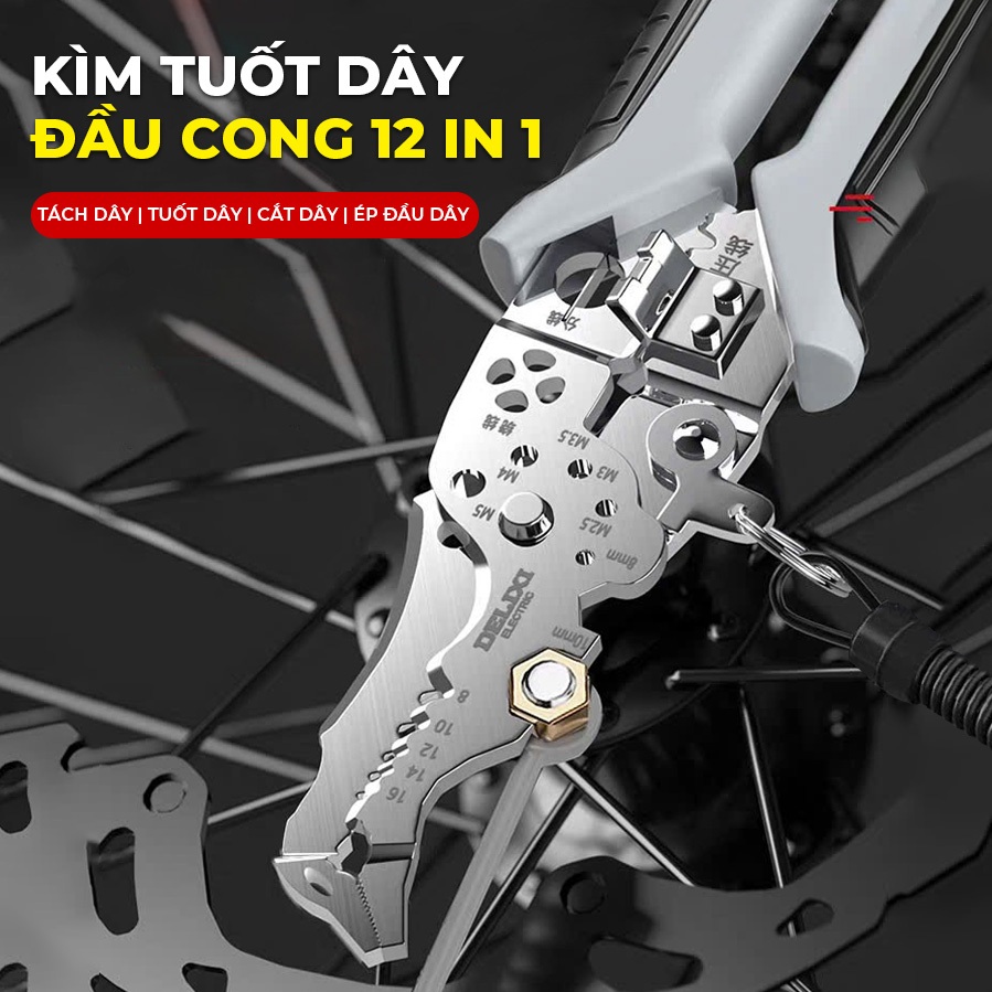 Kìm Tuốt Dây Điện Đa Năng 12 Trong 1 DELIXI Tuốt, Cắt, Ép Cos Thép CR-V Chống Mài Mòn Cho Thợ Điện