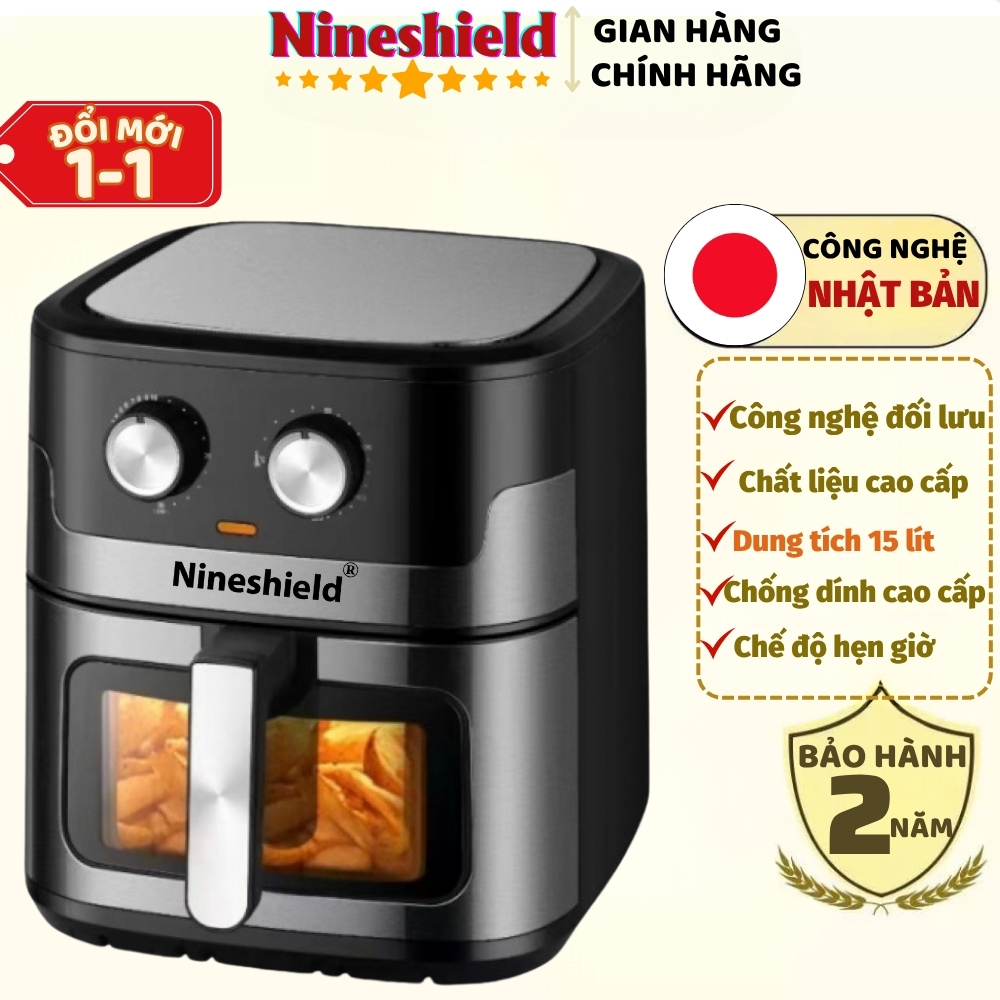 Nồi chiên không dầu Nineshield KB9001 bản điện tử dung tích 15L, chiên nướng 2 trong 1 với 8 chức năng nhập khẩu Nhật