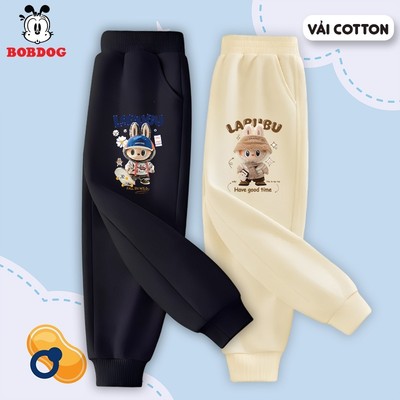 Quần dài cho bé trai BOBDOG chất liệu da cá dáng thể thao in hình Labubu cute cho bé