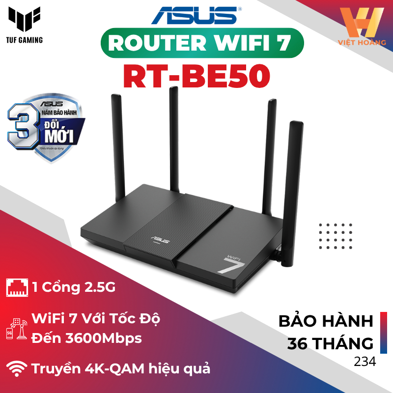 [BE3600] Phát Wifi 7 Asus RT-BE50 Gaming, Cổng 2.5G, Quad Core