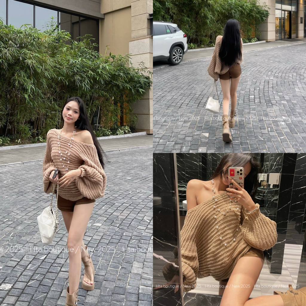 | Hta.boutique | Loại 1  - Áo len thừng đan tay bồng form rộng oversize nơ lưng hở lưng sang chảnh