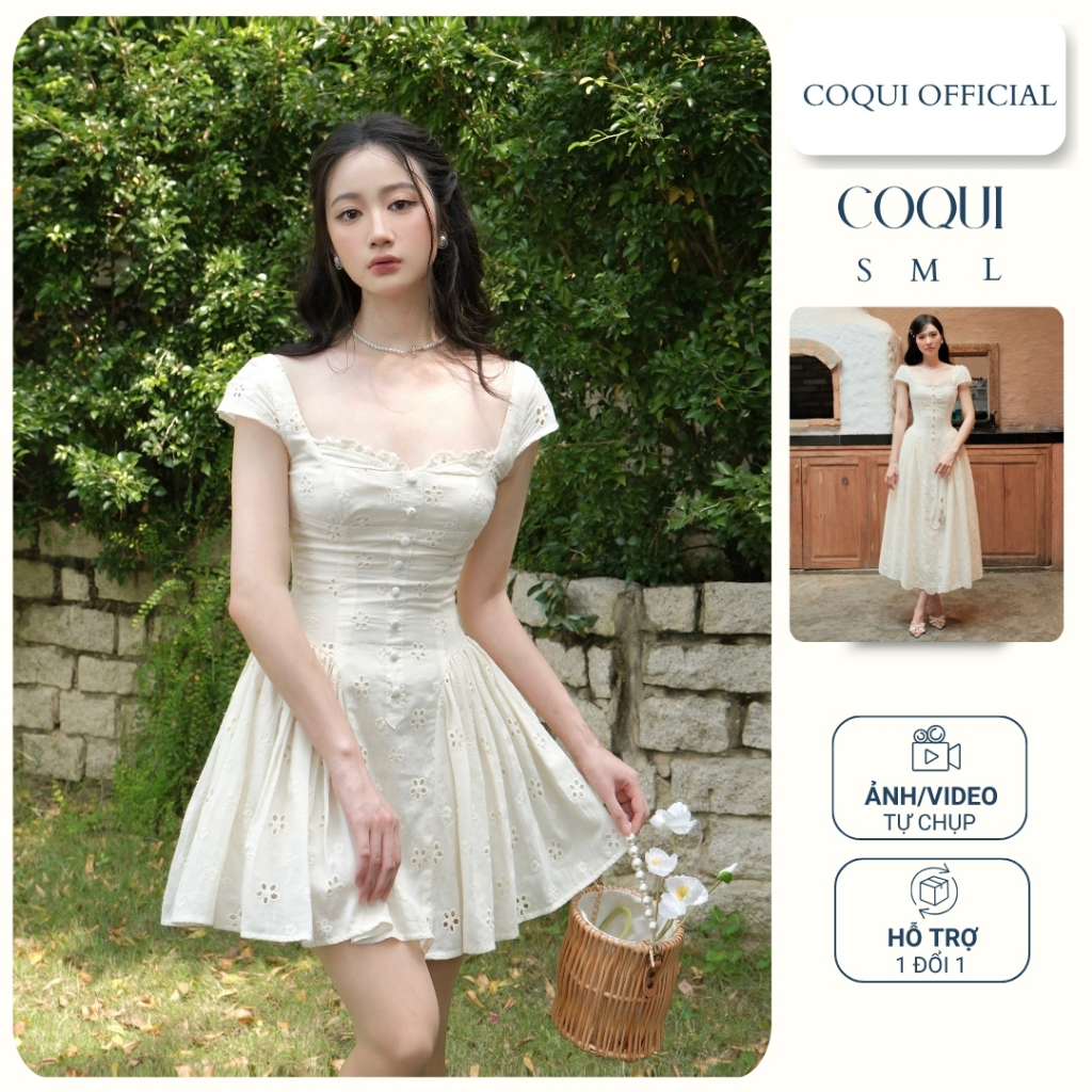 Đầm nàng thơ xinh nhẹ nhàng tiểu thư dáng xòe COQUI chất thô boi thêu hoa EMMA DRESS, đầm thiết kế tiểu thư trắng