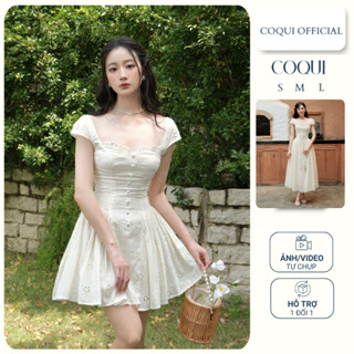  Đầm nàng thơ xinh nhẹ nhàng tiểu thư dáng xòe COQUI chất thô boi thêu hoa EMMA DRESS đầm thiết kế tiểu thư trắng 