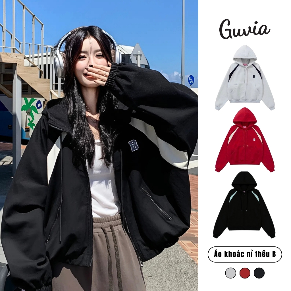 Áo Khoác Nỉ Thêu B Chất Nỉ Dày Mịn Giữ Ấm, Áo Hoodie Unisex Dáng Rộng GUVIA AKN39
