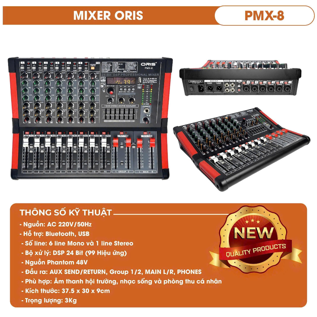 [BH 12 THÁNG] Bàn mixer ORIS PMX-8 có bluetooth, usb dòng mixer cao cấp thế hệ mới,