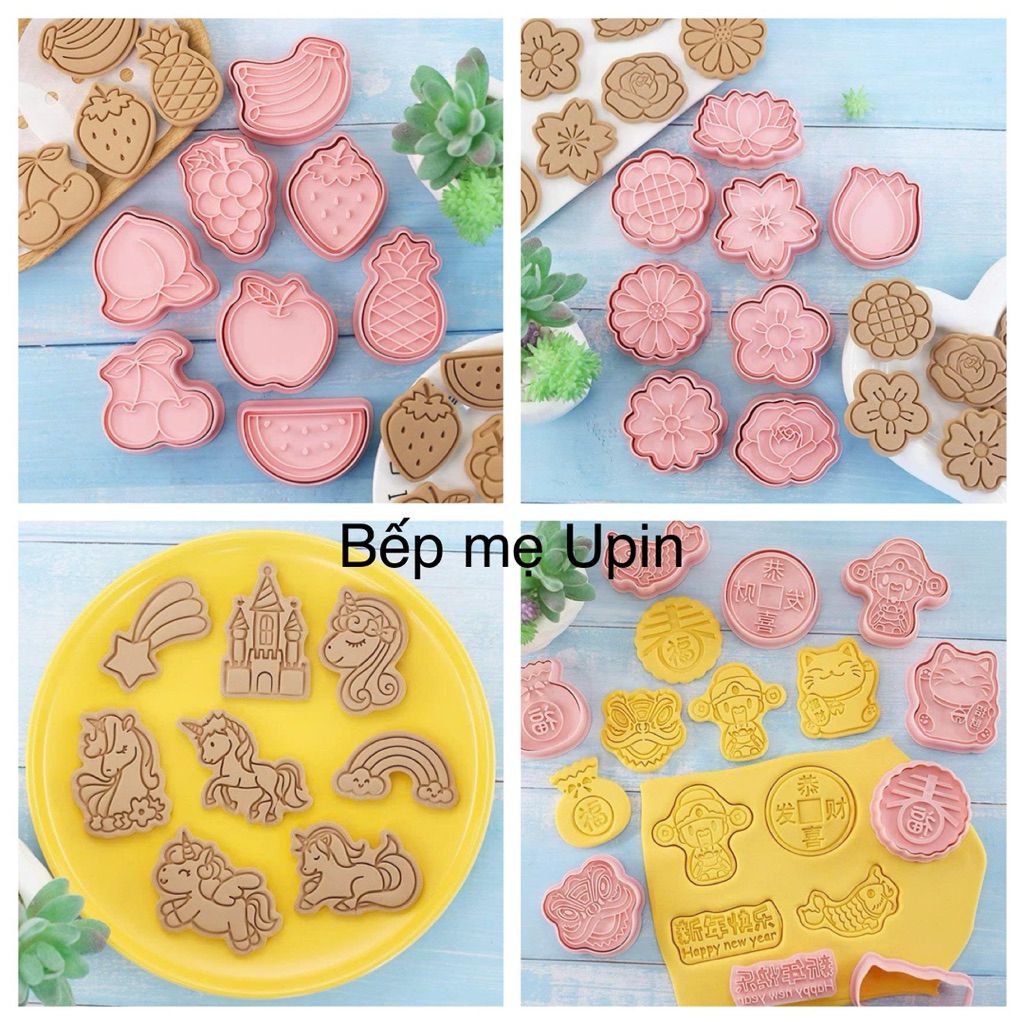 bộ nhấn nhựa trái cây cherry - nhấn hoa - nhấn ngựa lâu đài - vàng thần tài - khuôn cookie - khuôn xôi đậu - fondant