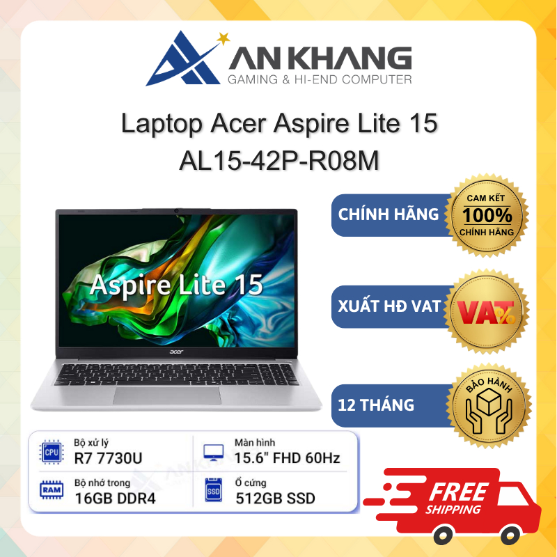 Laptop Acer Aspire Lite 15 AL15-42P-R08M (R7-7730U; 16GB; 512GB SSD; 15.6 FHD; Win11; Office) Chính hãng Bảo hành 12 Tháng