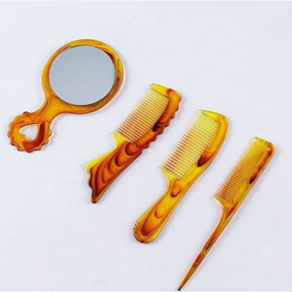  Set 3 cây lược kèm gương chải tóc tạo kiểu gỡ rối răng thưa bằng nhựa màu vàng trong P13 