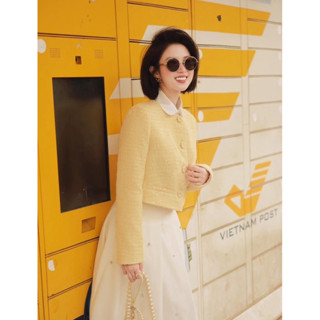  Set áo khoác dạ cổ tròn mix chân váy dáng dài đính đá LIsastore Chất liệu dạ tweed 3 lớp chân váy dài sang trọng 