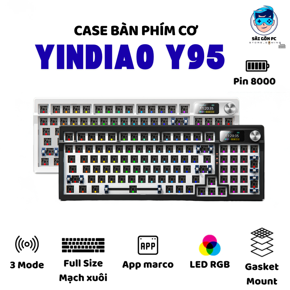 Case bàn phím không dây Yindiao Y95 - 3 mode Full size - Mạch xuôi 5 pin- Màn hình hiển thị - Hỗ trợ driver - Pin 8000