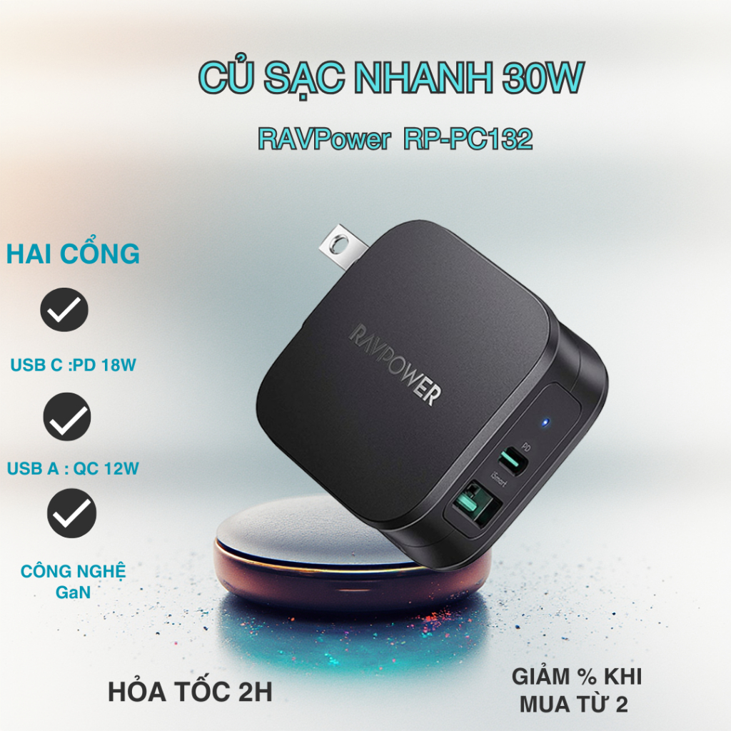 Củ sạc nhanh 30w RAVPower 2 cổng RP- PC132 - mới 100% Fullbox