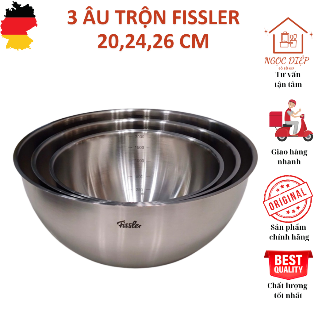 Âu trộn FISSLER FL401, âu trộn FISSLER 20cm, 24cm, 28cm, set 3 bát trộn inox 304, set âu trộn đồ ăn