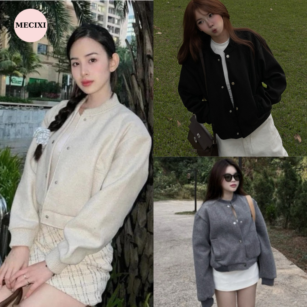 [Hoả tốc HN] Áo Khoác Bomber Nỉ Bông Cúc Bấm Mecixi Dạ Ép Dáng Croptop Nữ Thu Đông Dày Dặn T016