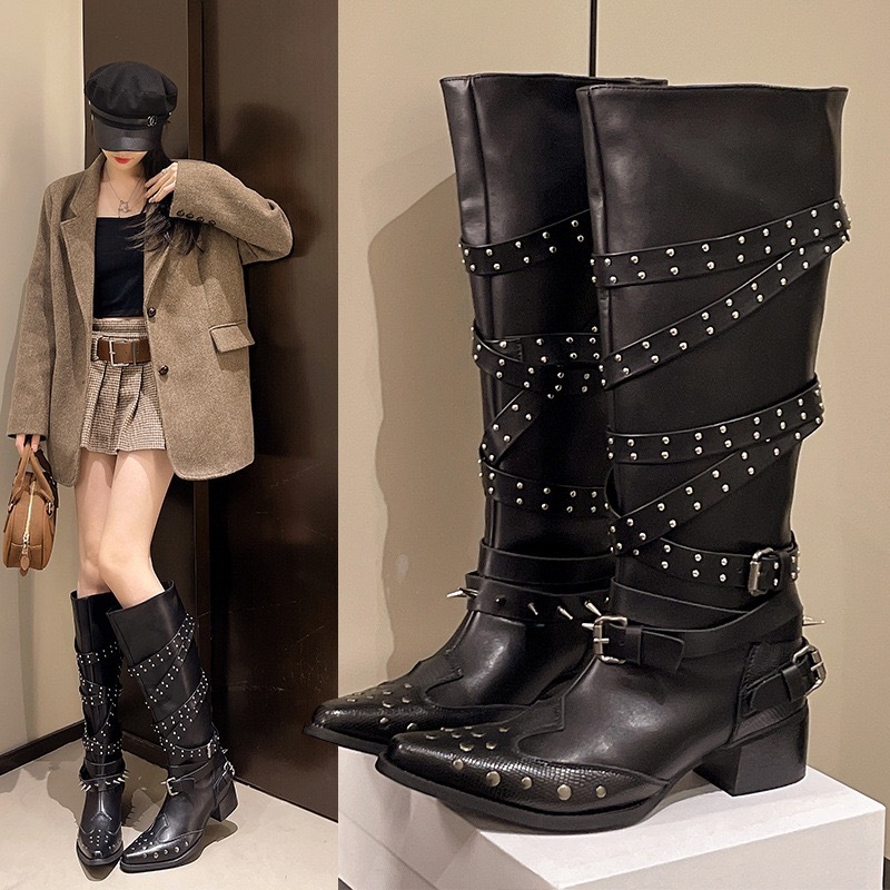 Phụ nữ Punk Boots Thiết kế Rivet Chunky Motorcycle Boot Cool Nightclub Party High Heel Knee-High Buc