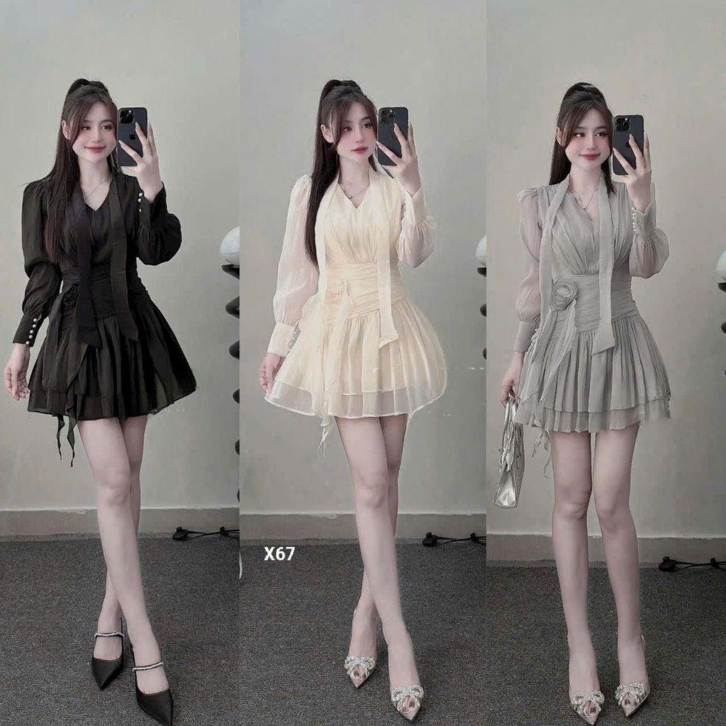 Đầm dây cổ kết hoa eo chất voan tơ nến X67
