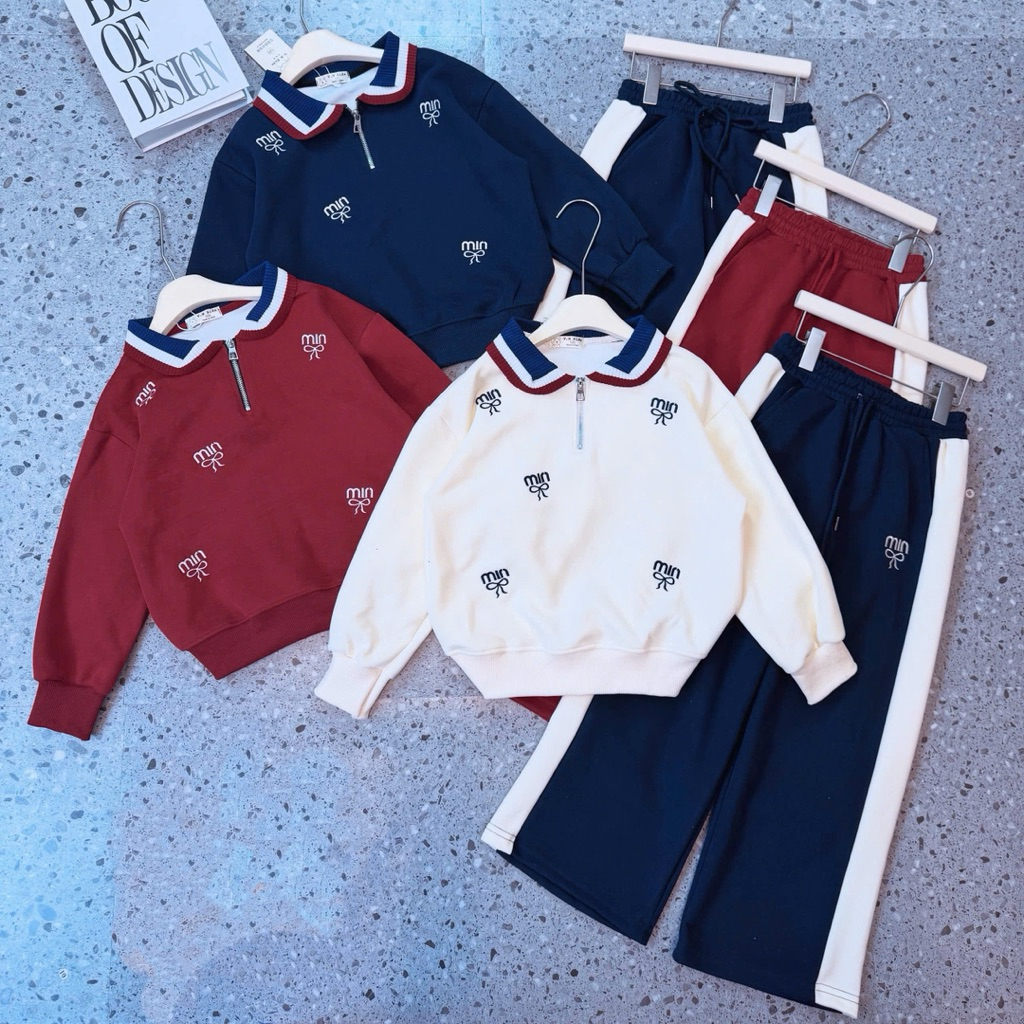 Bộ ni cổ bẻ thêu chữ Min cho bé 20-48kg